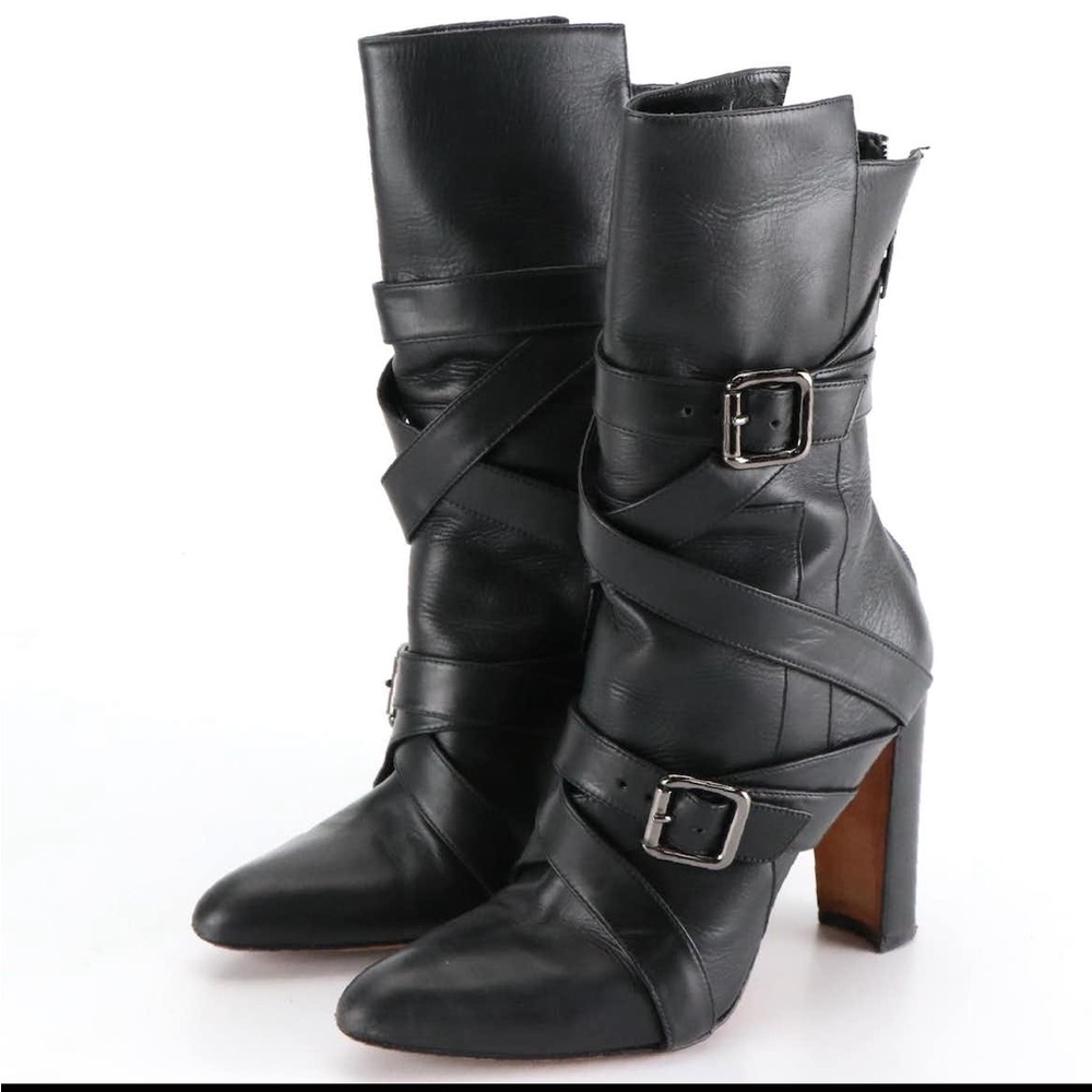 Manolo Blahnik Josi Buckle Strap Leather Ankle Boots